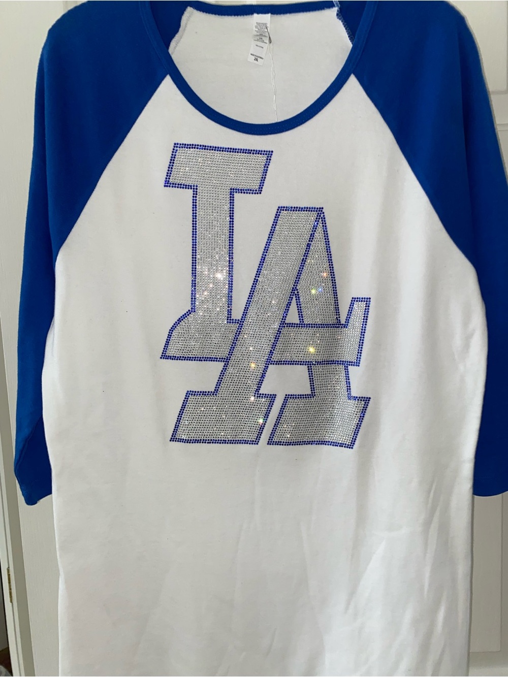 Ladies Dodgers White & Royal Blue LA Rhinestone Raglan Tee